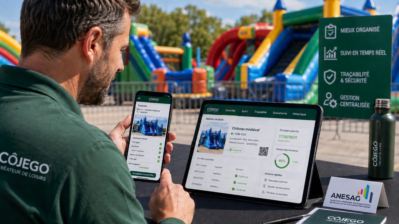Illustration : l’application CÔJEGO sur tablette et smartphone pour suivre les structures gonflables