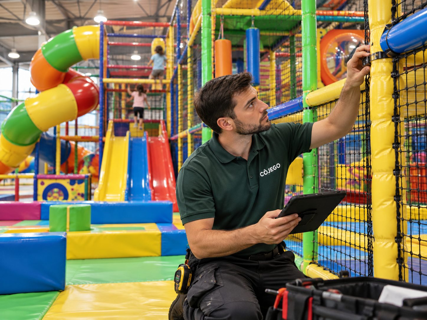 Contrôleur CÔJEGO qui inspecte un parc de jeux indoor, tablette à la main